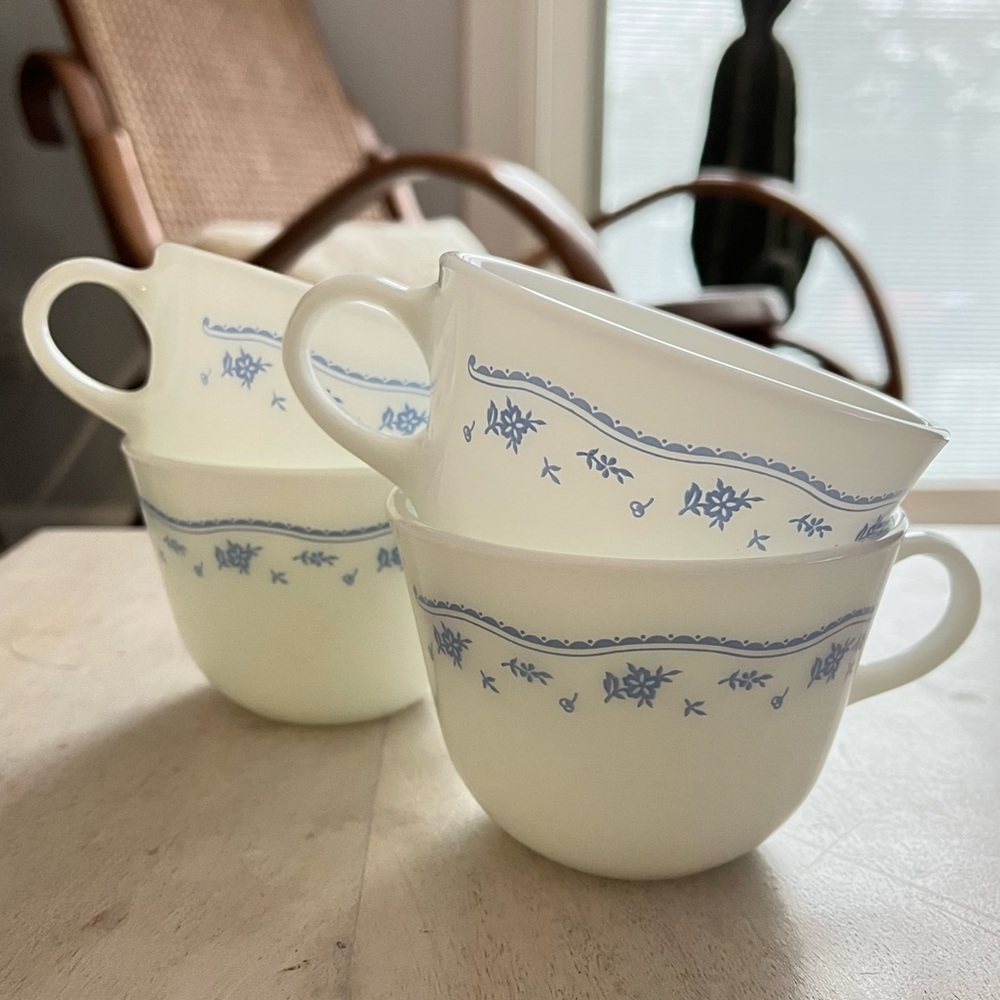 Pyrex Morning Blue Milk Glass Tea Cups Set of 4 Corelle Match